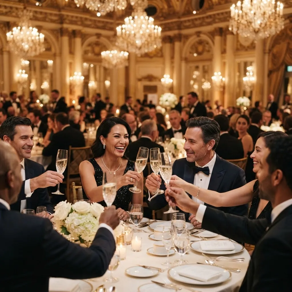 Gala dinner doanh nghiệp với sân khấu và tiệc tối trang trọng